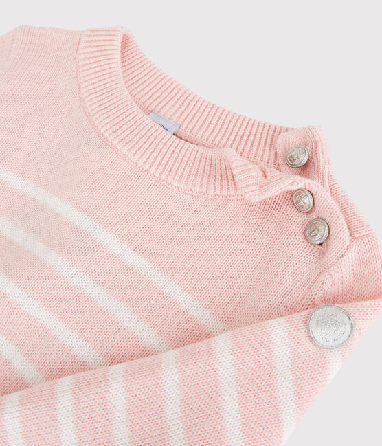 Kinderpullover aus Wolle und Baumwolle für Mädchen rosa MINOIS/weiss MARSHMALLOW