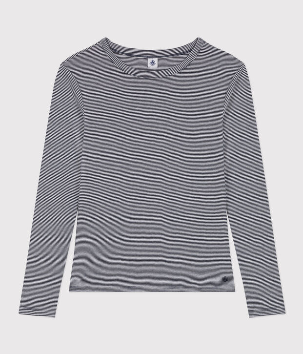 Lang&auml;rmeliges Damen-T-Shirt L'Iconique aus gestreiftem Rippstrick blau/weiss