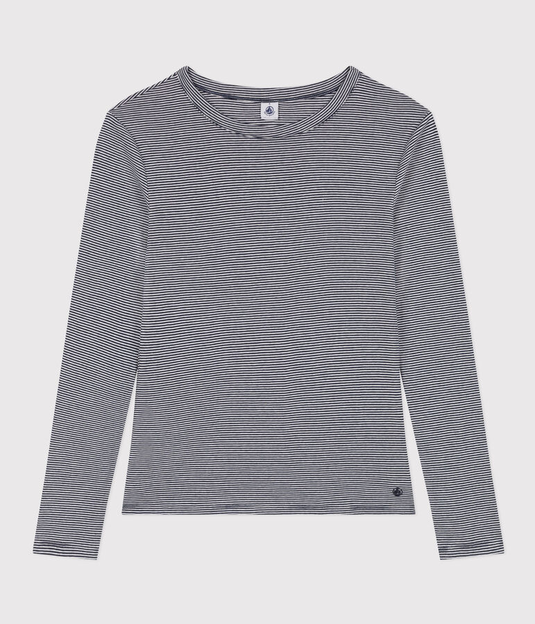 Lang&auml;rmeliges Damen-T-Shirt L'Iconique aus gestreiftem Rippstrick blau/weiss