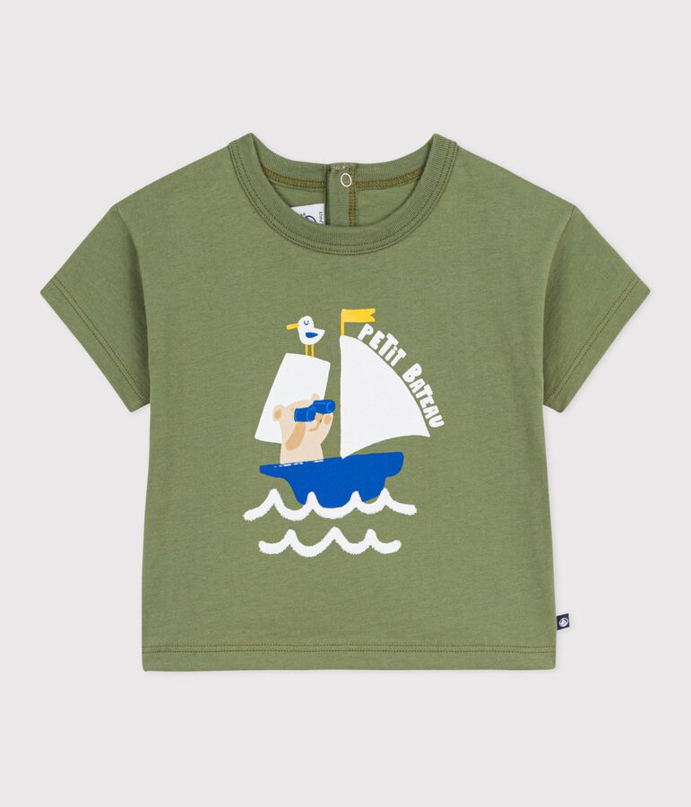 Kurz&auml;rmeliges Baby-T-Shirt aus Baumwolle mit M&ouml;wenmotiv gr&uuml;n OLIVINE