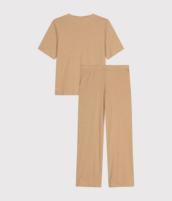 Damen-Pyjama aus gestreifter Baumwolle braun CUIVRE/ MARSHMALLOW