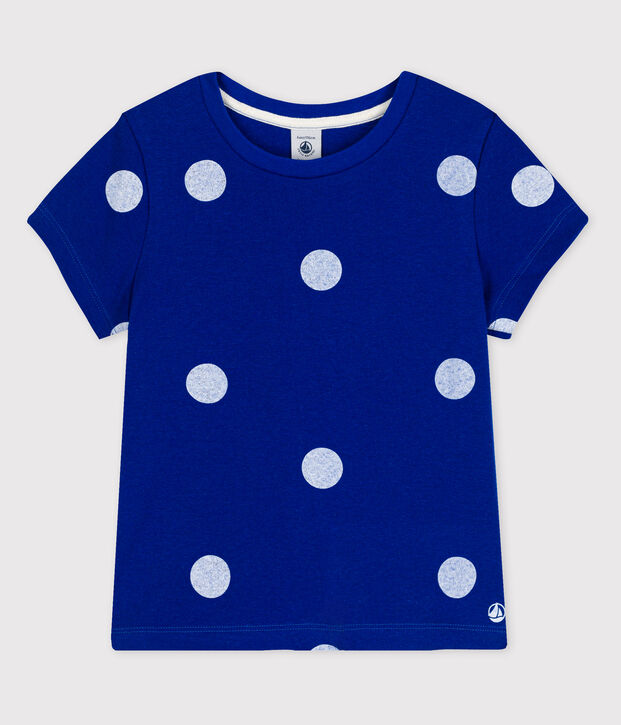Kurz&auml;rmliges Kinder-T-Shirt aus Baumwolle-Leinen f&uuml;r M&auml;dchen blau/weiss