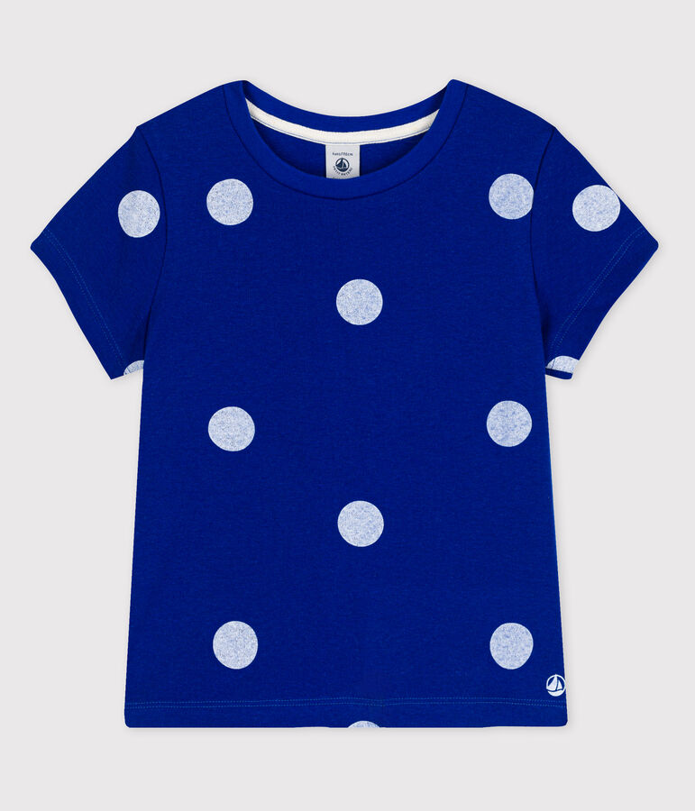 Kurz&auml;rmliges Kinder-T-Shirt aus Baumwolle-Leinen f&uuml;r M&auml;dchen blau SURF/weiss MARSHMALLOW