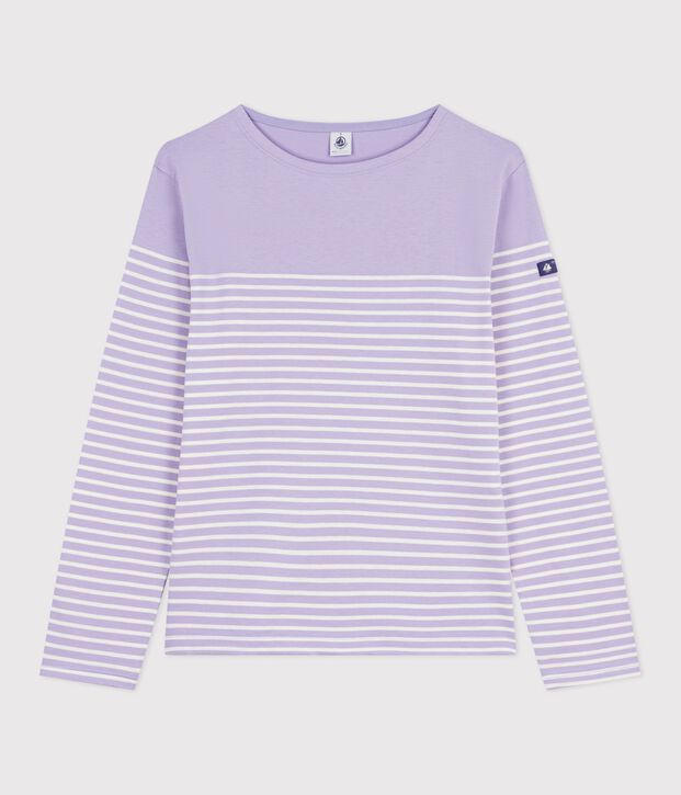 Damen T-Shirt Marini&egrave;re mit Streifen aus Baumwolle violett/naturfarben