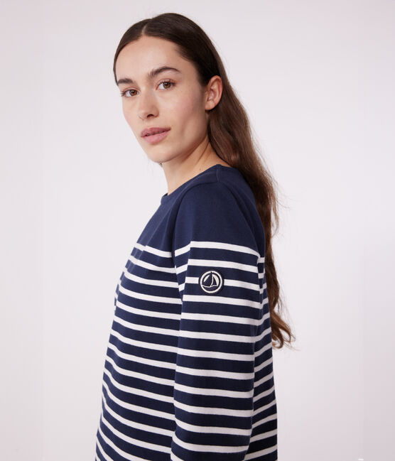 Langärmeliges Damen-Streifenshirt "Marinière" aus Baumwolle blau SMOKING/weiss MARSHMALLOW