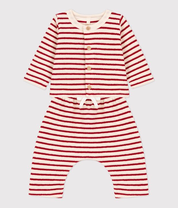 Zweiteiliges Baby-Set aus Frottee naturfarben/rot