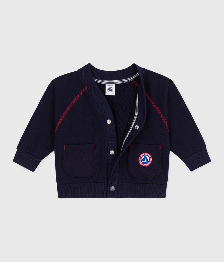 Baby-Cardigan aus einfarbiger Baumwolle mit farblich abgesetzten N&auml;hten blau