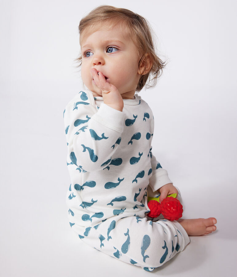 Strampler ohne Druckkn&ouml;pfe aus Baumwolle mit Walmotiven weiss/gr&uuml;n