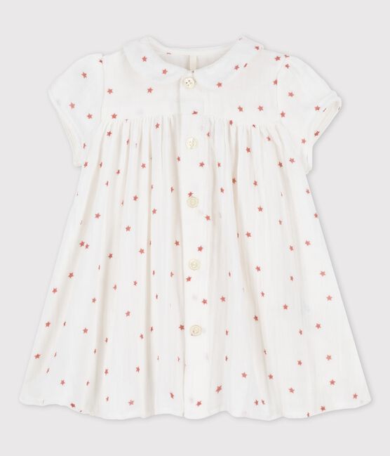 Kurzärmeliges, gestreiftes Babykleid aus Bio-Baumwollgaze weiss MARSHMALLOW/rot OMBRIE