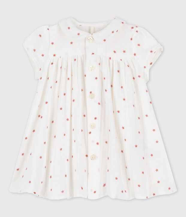 Kurz&auml;rmeliges, gestreiftes Babykleid aus Bio-Baumwollgaze weiss/braun