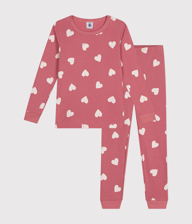 Eng anliegender Kinder-Pyjama aus Baumwolle mit Herzmotiv rosa/naturfarben