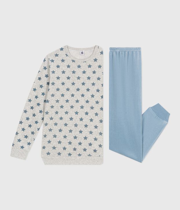 Kinder-Pyjama aus Nicki mit Sternmotiv grau/blau