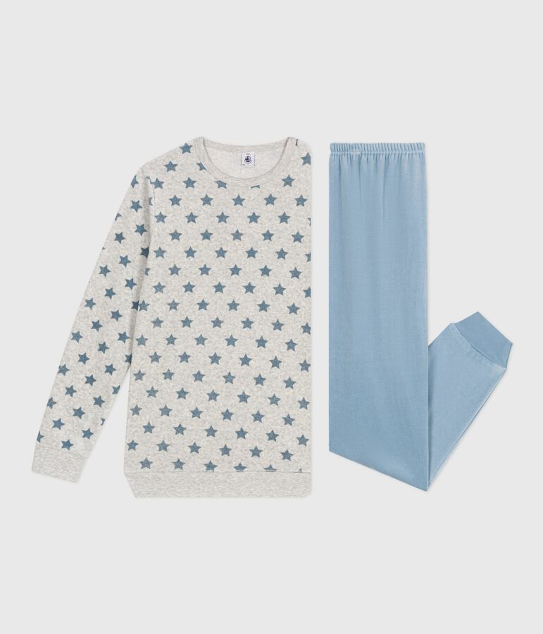 Kinder-Pyjama aus Nicki mit Sternmotiv grau/blau