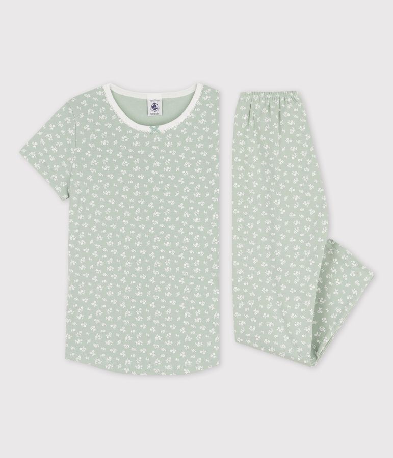 Kurz&auml;rmeliger Kinderpyjama aus Baumwolle mit Blumen f&uuml;r M&auml;dchen gr&uuml;n/weiss