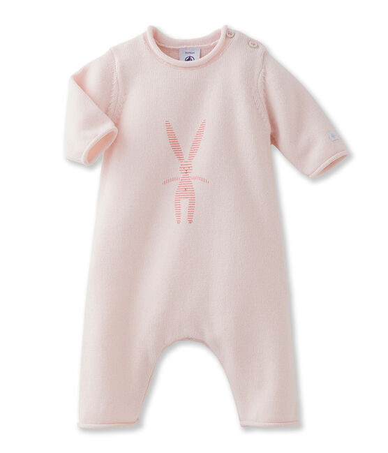Langer Baby-Einteiler, Unisex, aus Baumwoll- und Wollstrick mit Häschen rosa FLEUR