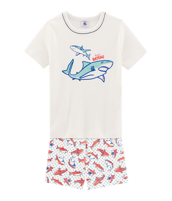 Rippstrick-Kurzpyjama für kleine Jungen weiss MARSHMALLOW/weiss MULTICO