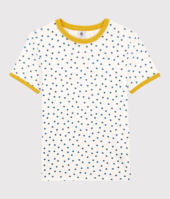 Damen-T-Shirt aus Baumwolle mit Rundhalsausschnitt und modischem Punktmuster weiss MARSHMALLOW/ MALLARD