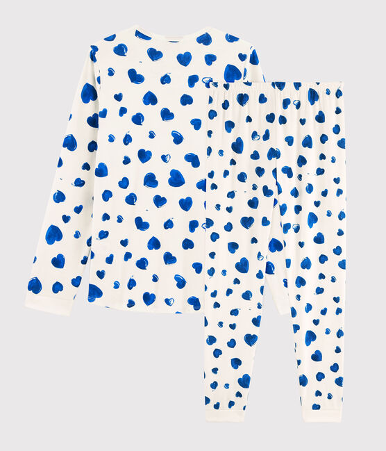Pyjama aus Rippstrick mit Herzchenmotiv für Mädchen/Damen weiss MARSHMALLOW/blau BLEU