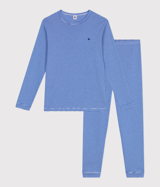 Kinder-Pyjama aus Baumwolle mit Streifen blau PERSE/weiss MARSHMALLOW