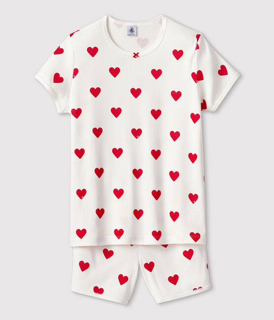 Kinder-Kurzpyjama aus Baumwolle mit Herzmotiv für Mädchen weiss MARSHMALLOW/rot TERKUIT