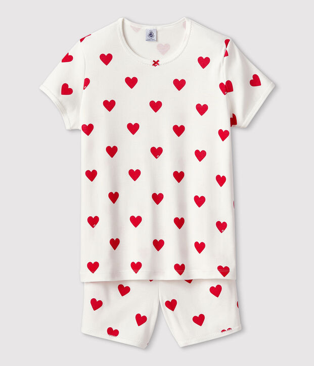 Kinder-Kurzpyjama aus Baumwolle mit Herzmotiv f&uuml;r M&auml;dchen weiss/rot
