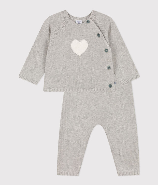 Baby-Set aus Wolle und Baumwolle mit Herzmotiv grau/weiss