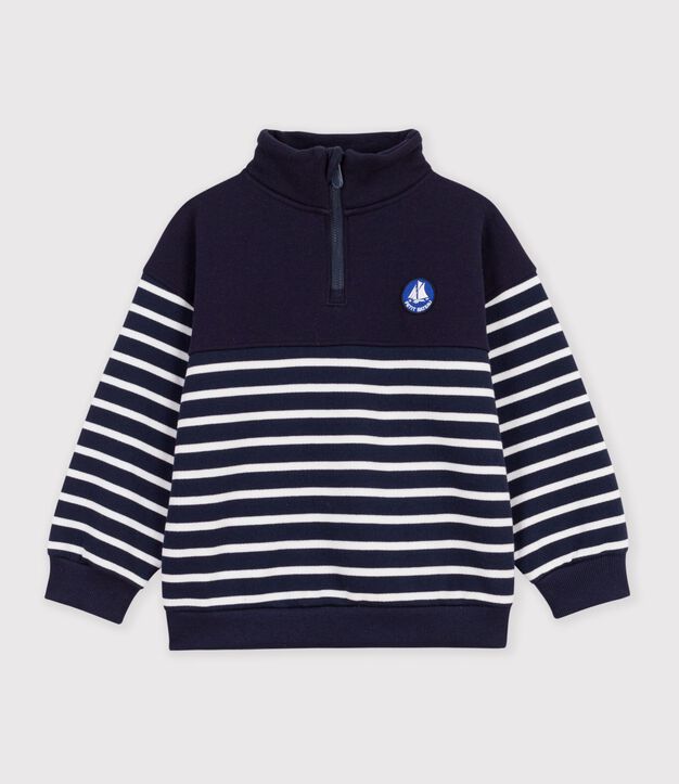 Kinder-Sweatshirt mit Rei&szlig;verschluss-Kragen aus gestreifter Baumwolle blau/weiss