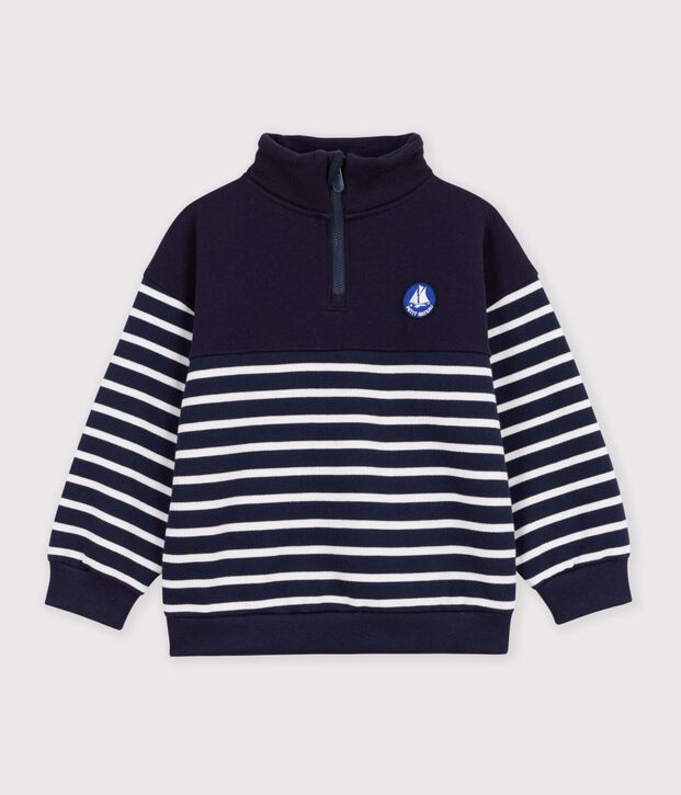 Kinder-Sweatshirt mit Rei&szlig;verschluss-Kragen aus gestreifter Baumwolle blau/weiss