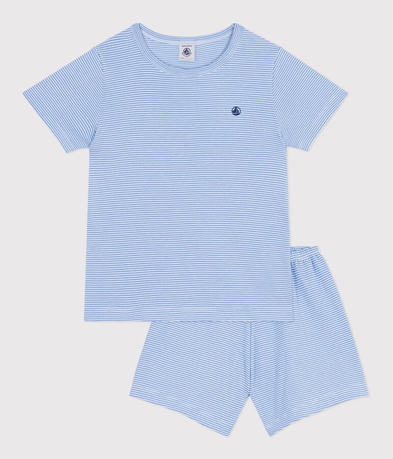 Kinder-Kurzpyjama aus Baumwolle mit Streifen blau/weiss