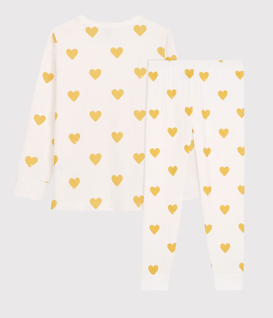 Kinderpyjama aus Bio-Baumwoll-Doppeljersey mit gelbem Herzmotiv weiss MARSHMALLOW/gelb OCRE