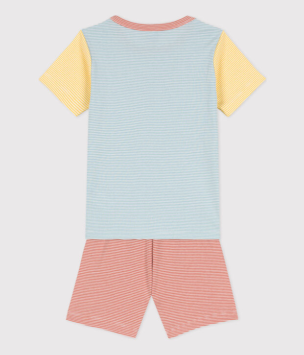 Kinder-Kurzpyjama aus Baumwolle mit dreifarbigen Ringelstreifen blau/vielfarbig