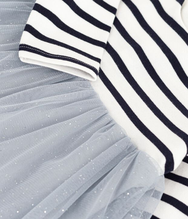 Lang&auml;rmliges Kleid aus zwei Stoffen blau/vielfarbig