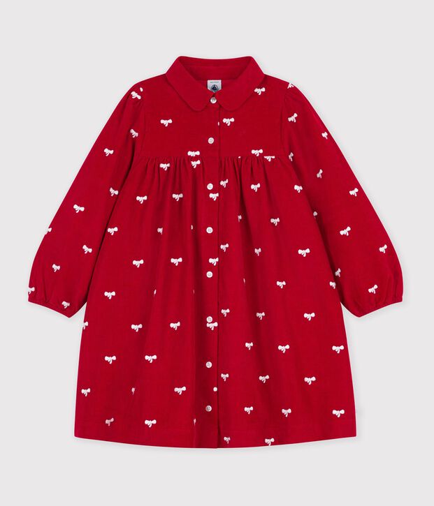 Lang&auml;rmeliges Kinder-Kleid aus Feincord mit Schleifenmotiv rot/naturfarben