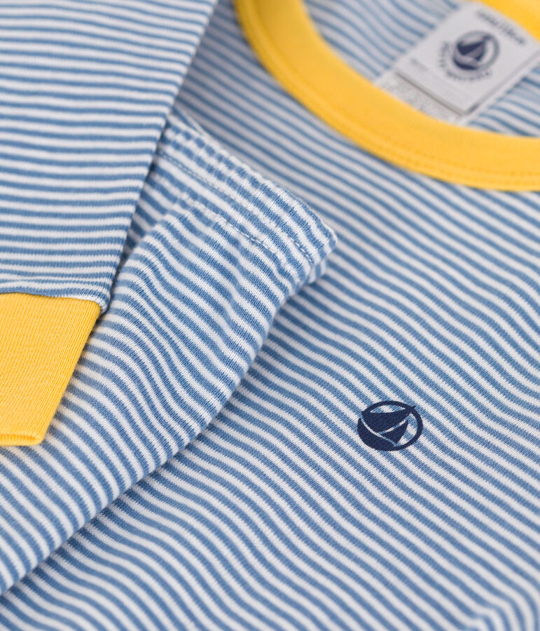 Eng anliegender Kinder-Pyjama aus gestreifter Baumwolle blau/weiss