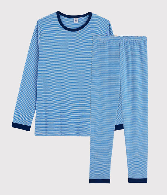 Kinderpyjama aus Rippstrick mit Ringelmuster blau RUISSEAU/weiss MARSHMALLOW