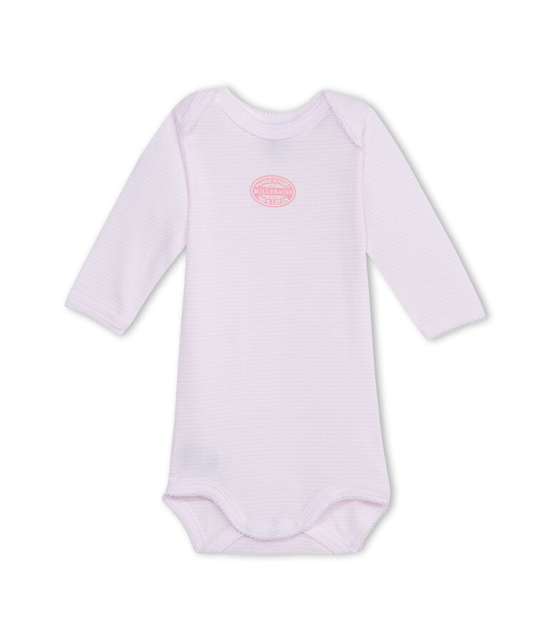 Baby-Body f&uuml;r M&auml;dchen, Langarm, geringelt rosa VIENNE/weiss ECUME
