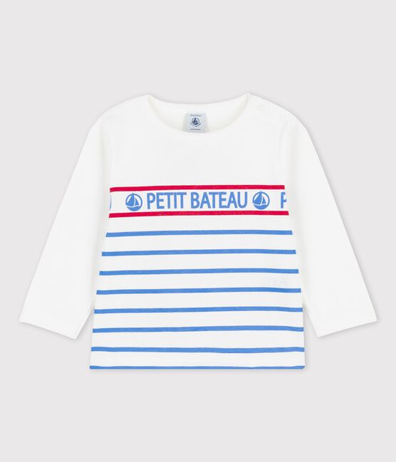 Langärmeliges Baby-T-Shirt aus Jersey weiss MARSHMALLOW/blau BRASIER