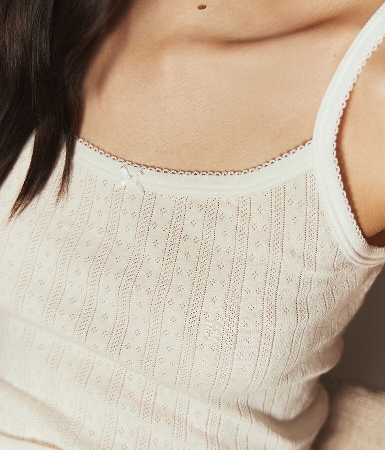 Damen Spaghetti-Top aus Baumwolle mit Lochstickerei naturfarben