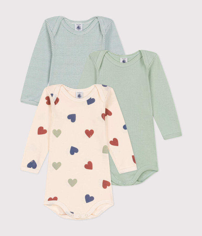 3er-Set lang&auml;rmelige Bodys aus Baumwolle mit drei Herz-Motiv f&uuml;r Babys vielfarbig