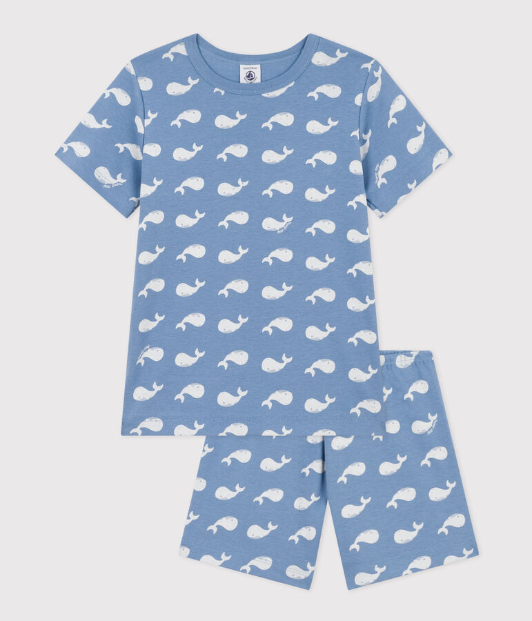 Kurzer Kinderpyjama aus Baumwolle mit Walmuster blau/weiss