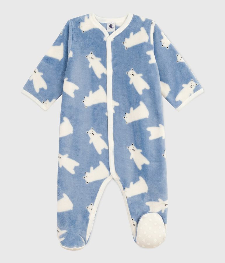 Baby Fleece-Pyjama zum &Uuml;berziehen mit B&auml;r-Motiv blau/naturfarben