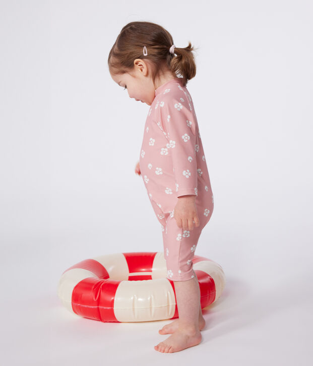 Baby-Badeoverall mit UV-Schutz, Blumenmuster rosa/weiss