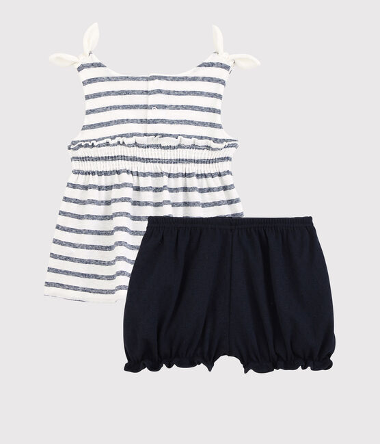 Baby-Ensemble aus Bluse + Bloomers aus Baumwolle/Leinen für Mädchen weiss MARSHMALLOW/blau MEDIEVAL