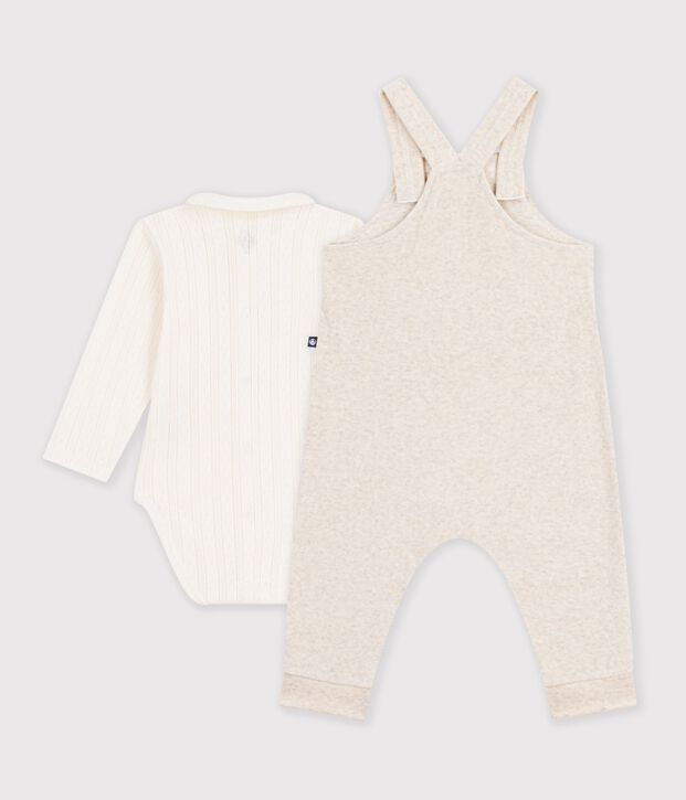 Baby-Set Latzhose und Body mit Kragen aus einfarbiger Baumwolle naturfarben/naturfarben