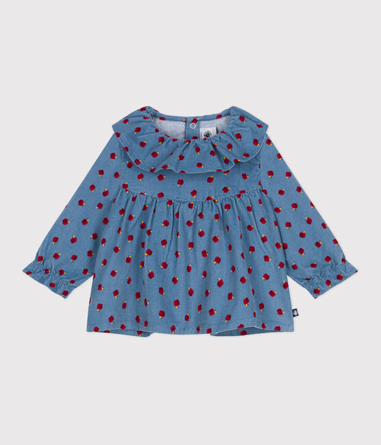 Langärmeliges Baby-Bluse aus Fein-Cord mit Apfel-Motiv blau ADRIATIC/ MULTICO