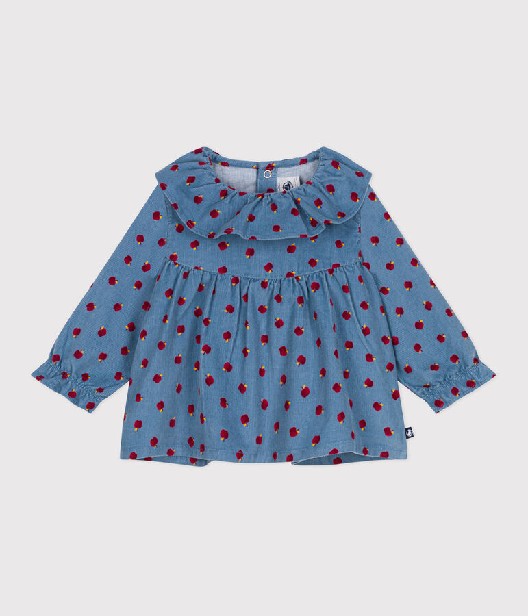 Lang&auml;rmeliges Baby-Bluse aus Fein-Cord mit Apfel-Motiv blau/vielfarbig