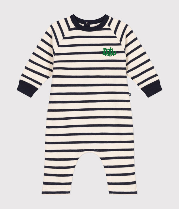 Langer Baby-Overall aus Molton naturfarben/blau