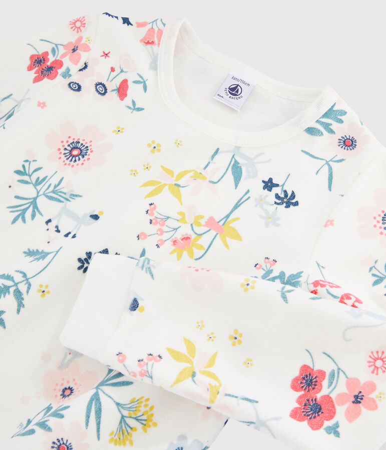 Kinderpyjama aus Nicki mit Blumenaufdruck f&uuml;r M&auml;dchen weiss/vielfarbig