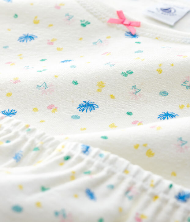 Kinder-Kurzpyjama aus Baumwolle und Leinen mit kleinen Blumen f&uuml;r M&auml;dchen weiss/vielfarbig