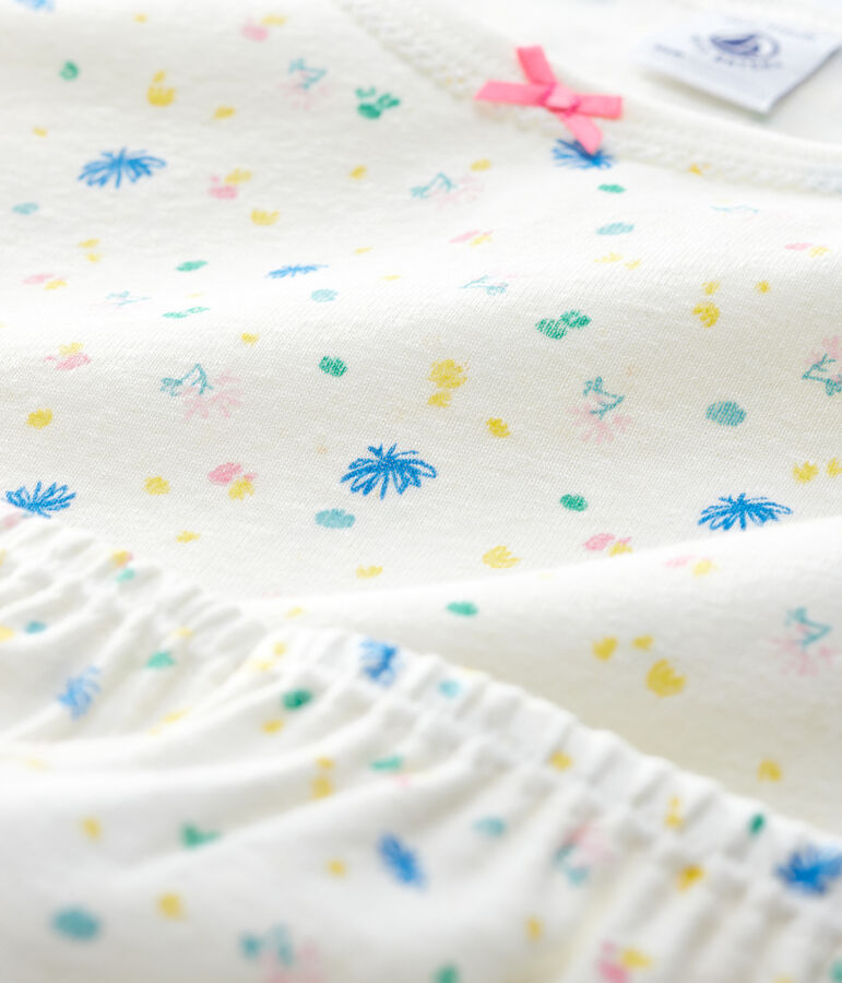 Kinder-Kurzpyjama aus Baumwolle und Leinen mit kleinen Blumen f&uuml;r M&auml;dchen weiss/vielfarbig